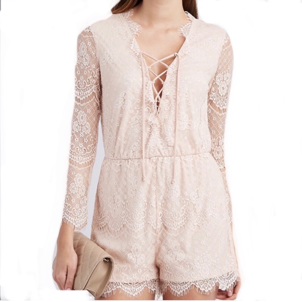 Charlotte Russe LIGHT PINK long sleeve lined lace romper size S